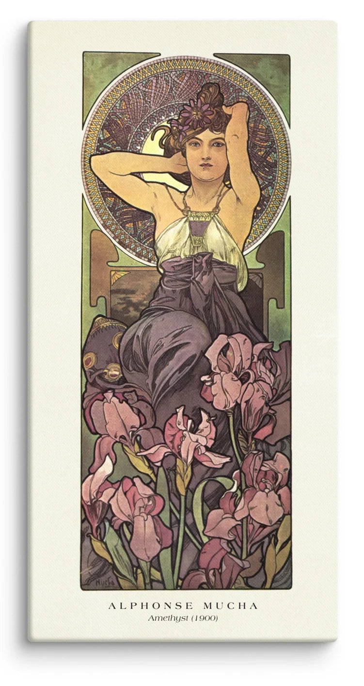 Alphonse Mucha Amethyst 1900 Canvas Print featuring a reclining woman in violet and plum tones surrounded by blooming irises with an intricate Art Nouveau ornamental halo
