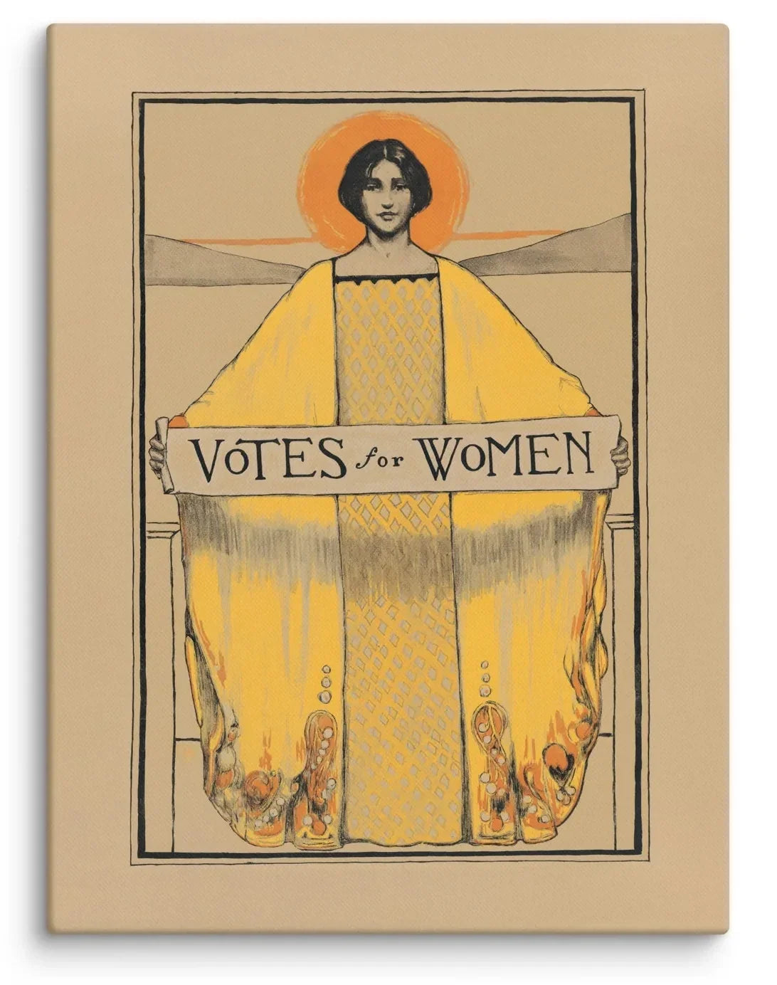 Bertha Margaret Boye Votes For Women 1913 Canvas Print featuring a poised woman holding the Votes for Women banner in golden yellow against a warm orange sun