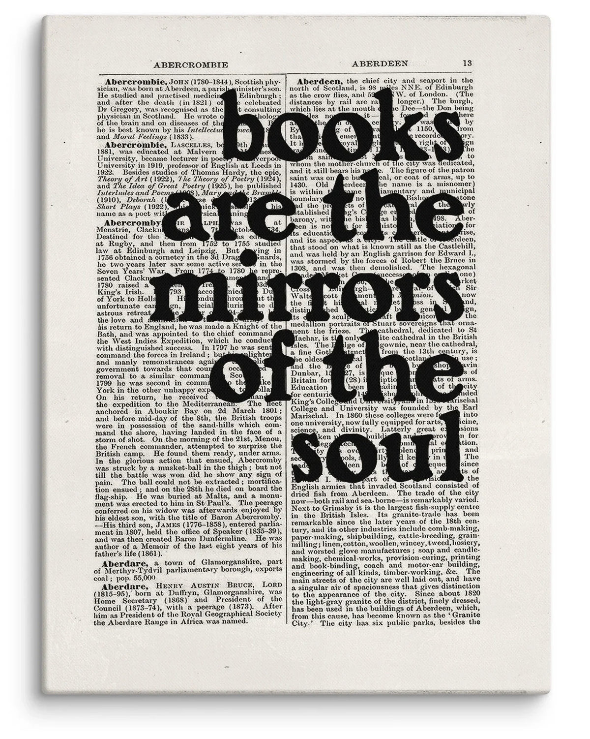 Books Are the Mirrors of the Soul Canvas Print featuring bold black typography over vintage dictionary pages on an ivory background