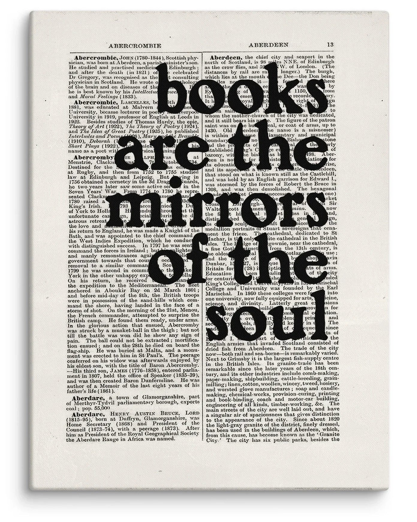 Books Are the Mirrors of the Soul Canvas Print featuring bold black typography over vintage dictionary pages on an ivory background