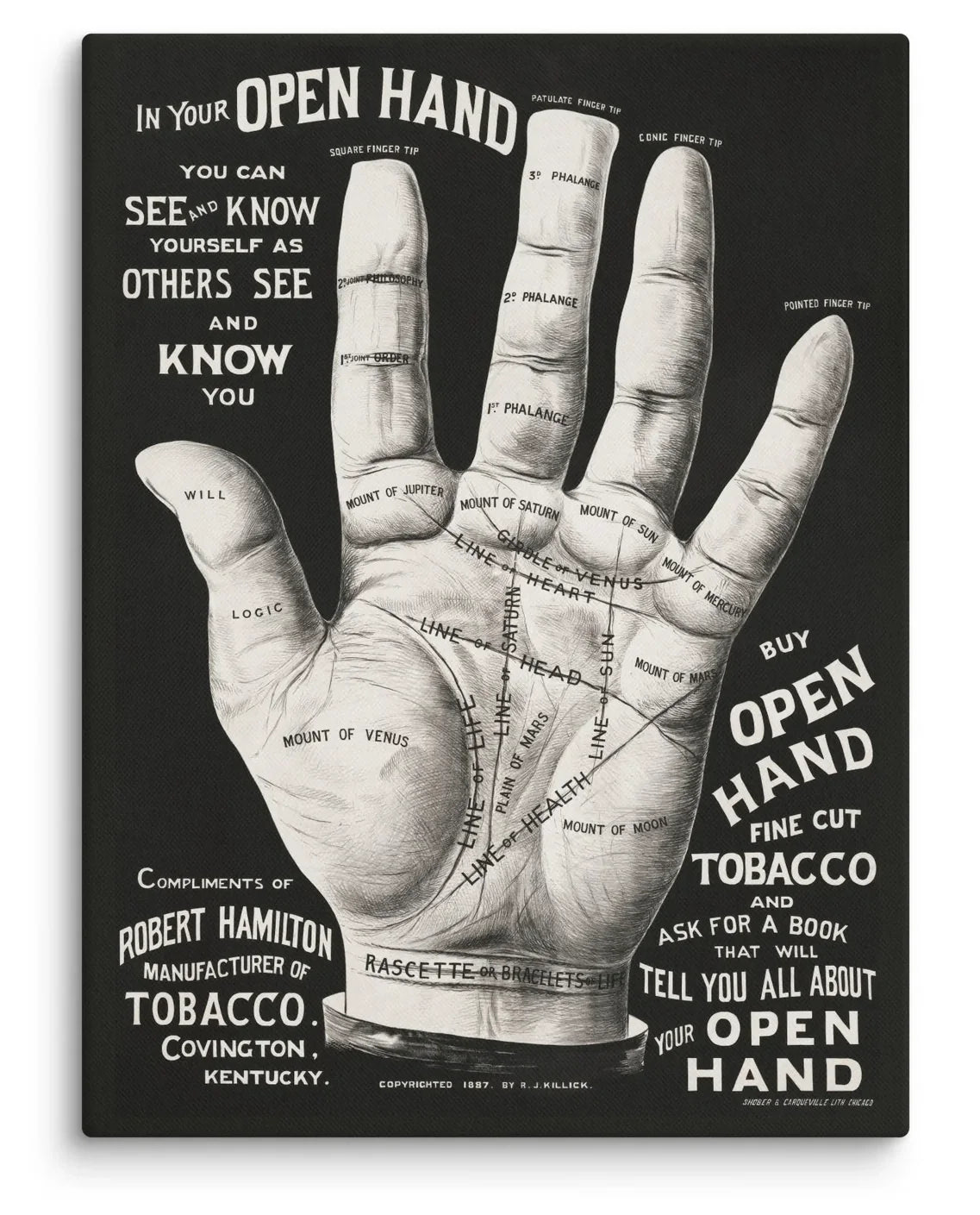 R.J. Killick Open Hand 1887 Canvas Print featuring a detailed Victorian palmistry illustration with hand lines, mounts, and vintage typography in black and ivory