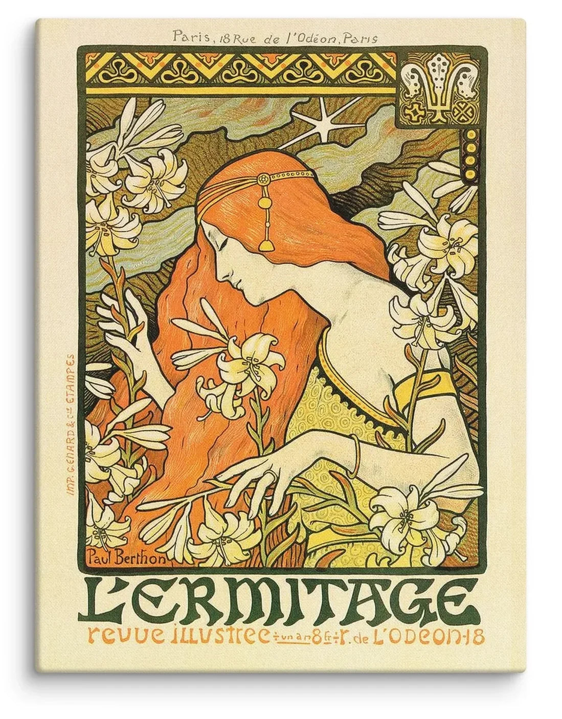 Paul Berthon L’Ermitage 1897 Canvas Print featuring an elegant red-haired Art Nouveau woman surrounded by flowering lilies with ornate botanical borders