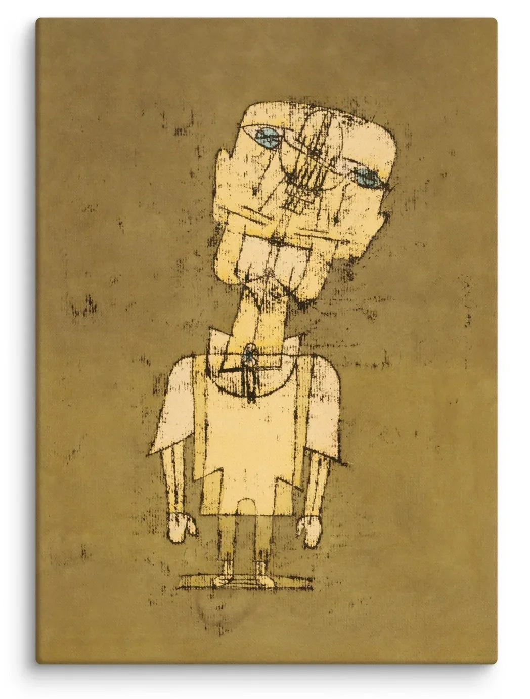 Paul Klee Ghost of a Genius 1922 Canvas Print featuring an enigmatic elongated figure with angular features in earthy ochre, cream, and pale blue tones