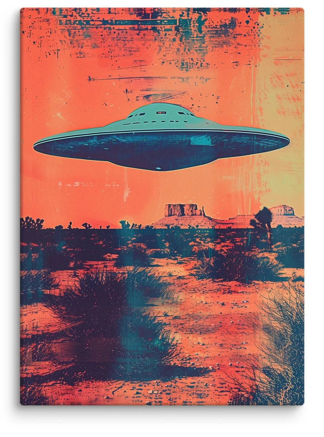 Tangerine Sky Canvas Print featuring a flying saucer hovering over a Southwestern desert landscape under a dramatic orange sky
