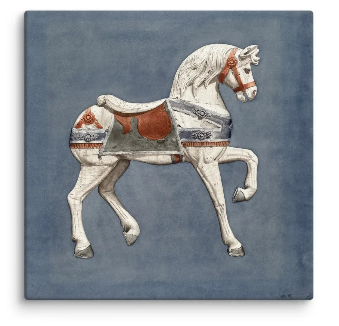 Carousel Horse 1930s Canvas Print featuring an elegantly posed vintage white carousel horse with ornamental tack on a dusty blue background