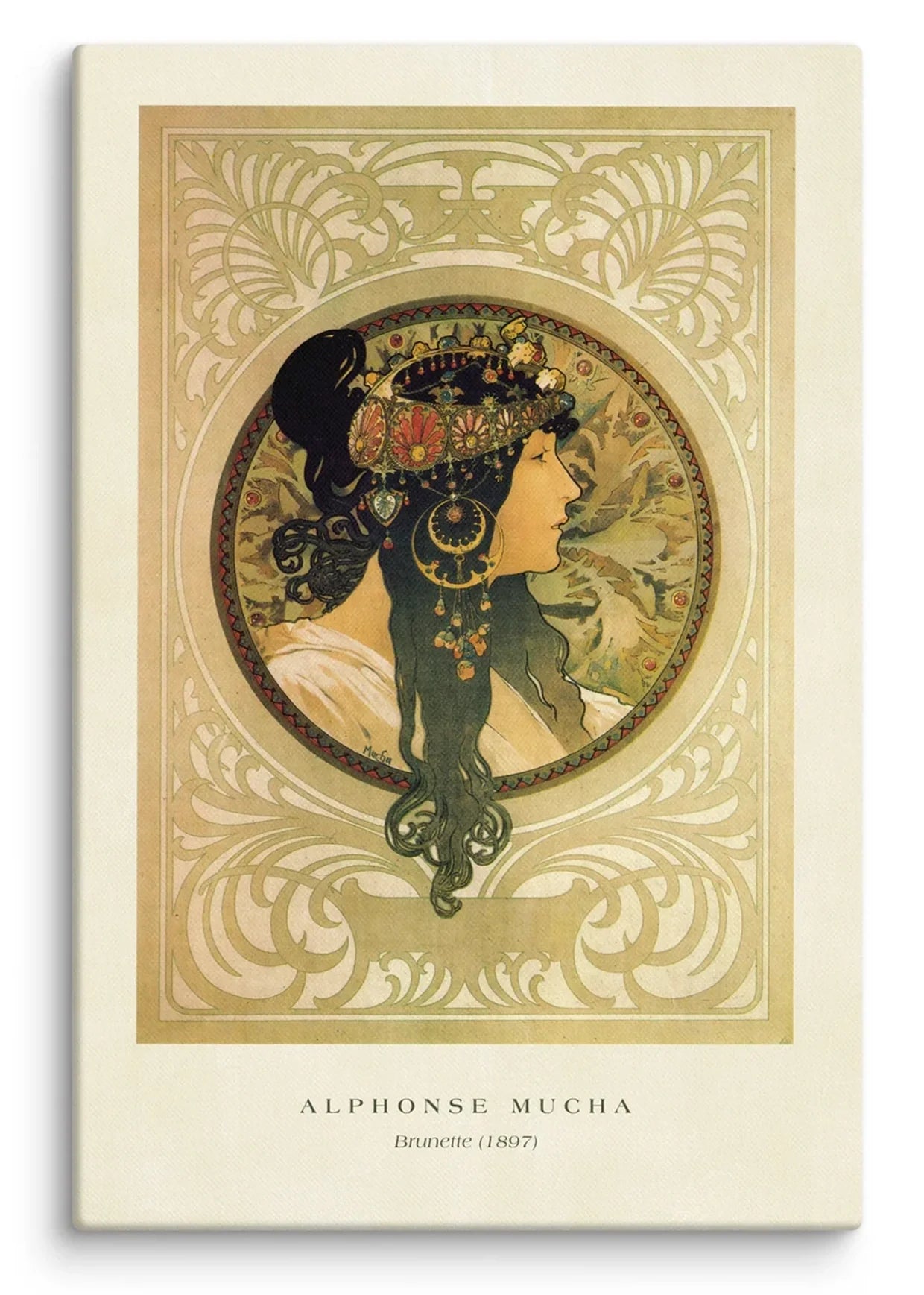 Alphonse Mucha Brunette 1897 Canvas Print featuring an elegant dark-haired woman in profile with a richly jeweled headdress and intricate Art Nouveau botanical medallion border