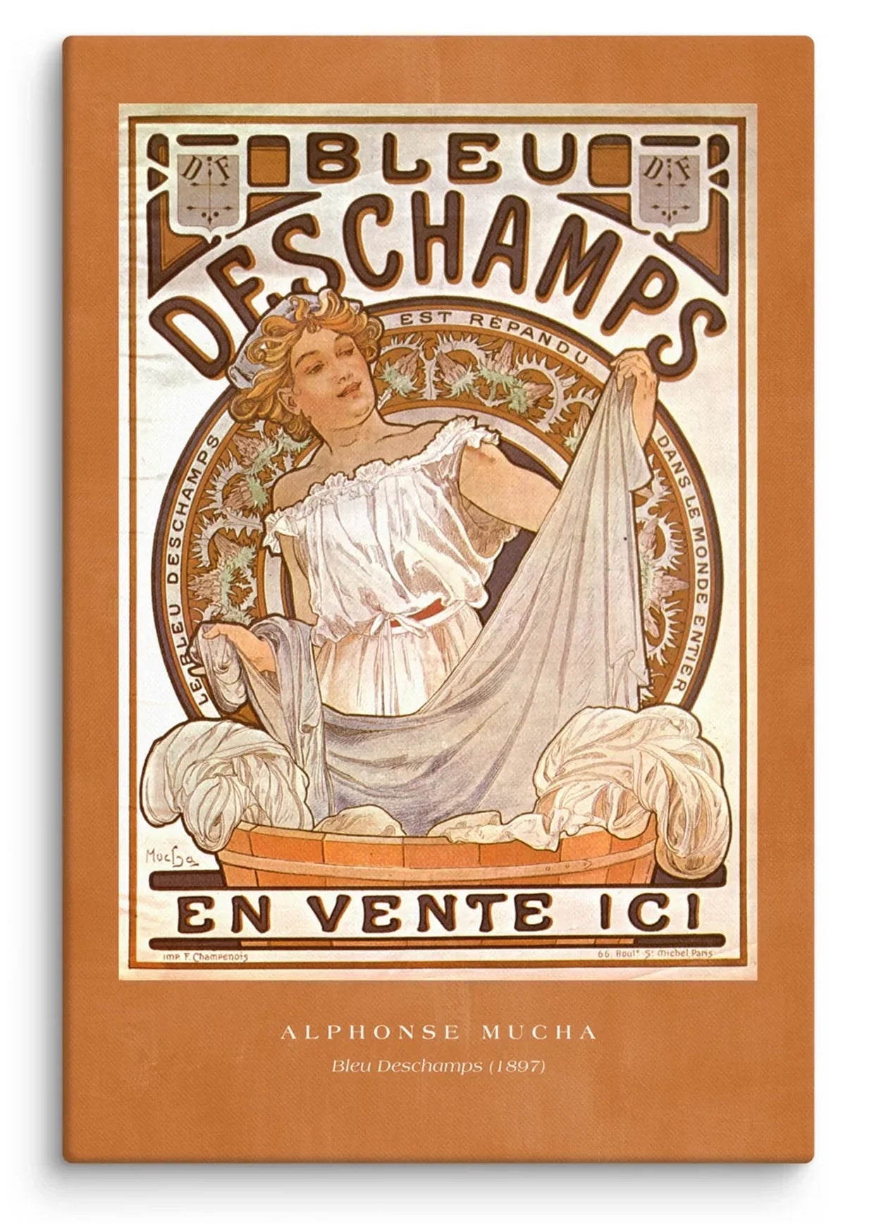 Alphonse Mucha Bleu Deschamps 1897 Canvas Print featuring a graceful woman with flowing fabric and bold vintage French advertising typography on a warm ochre background