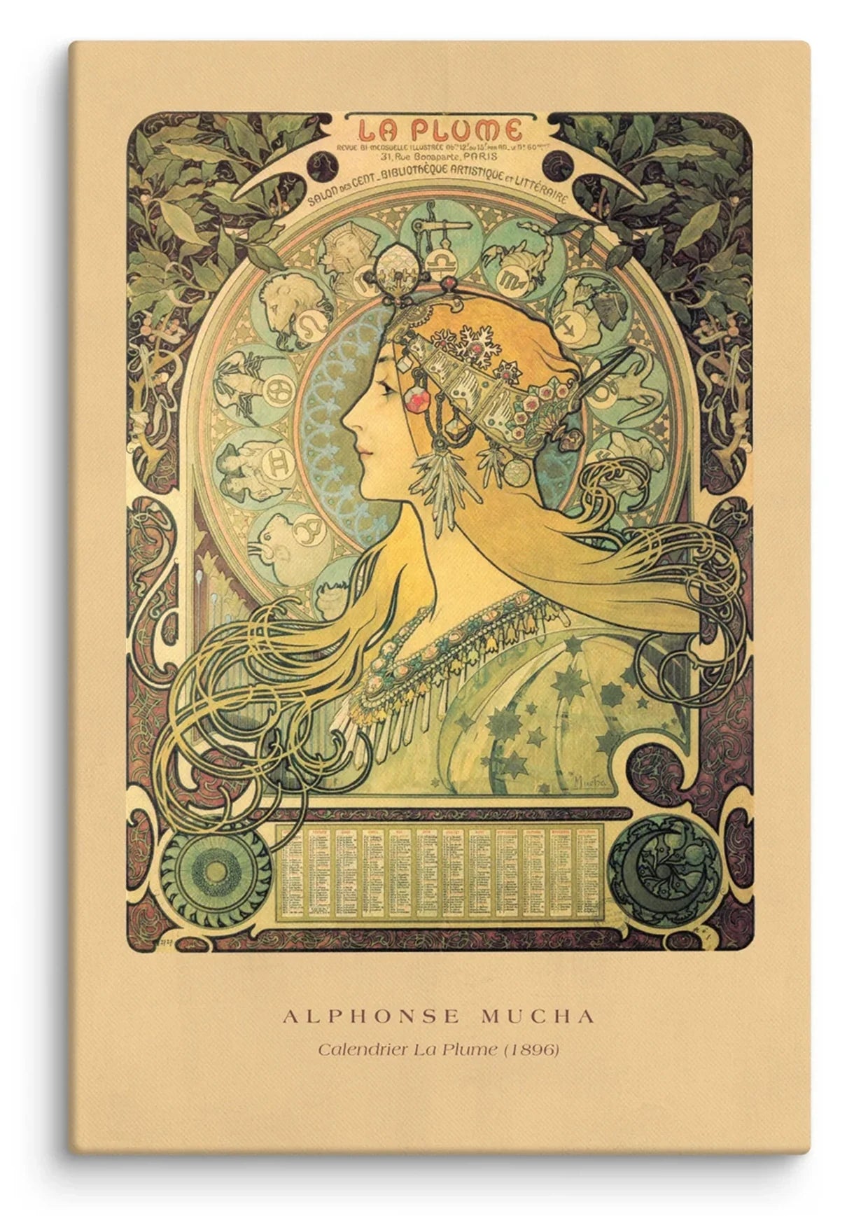 Alphonse Mucha Calendrier La Plume 1896 Canvas Print featuring an elegant woman with a jeweled headdress surrounded by zodiac symbols, celestial imagery, and intricate Art Nouveau botanical ornamentation