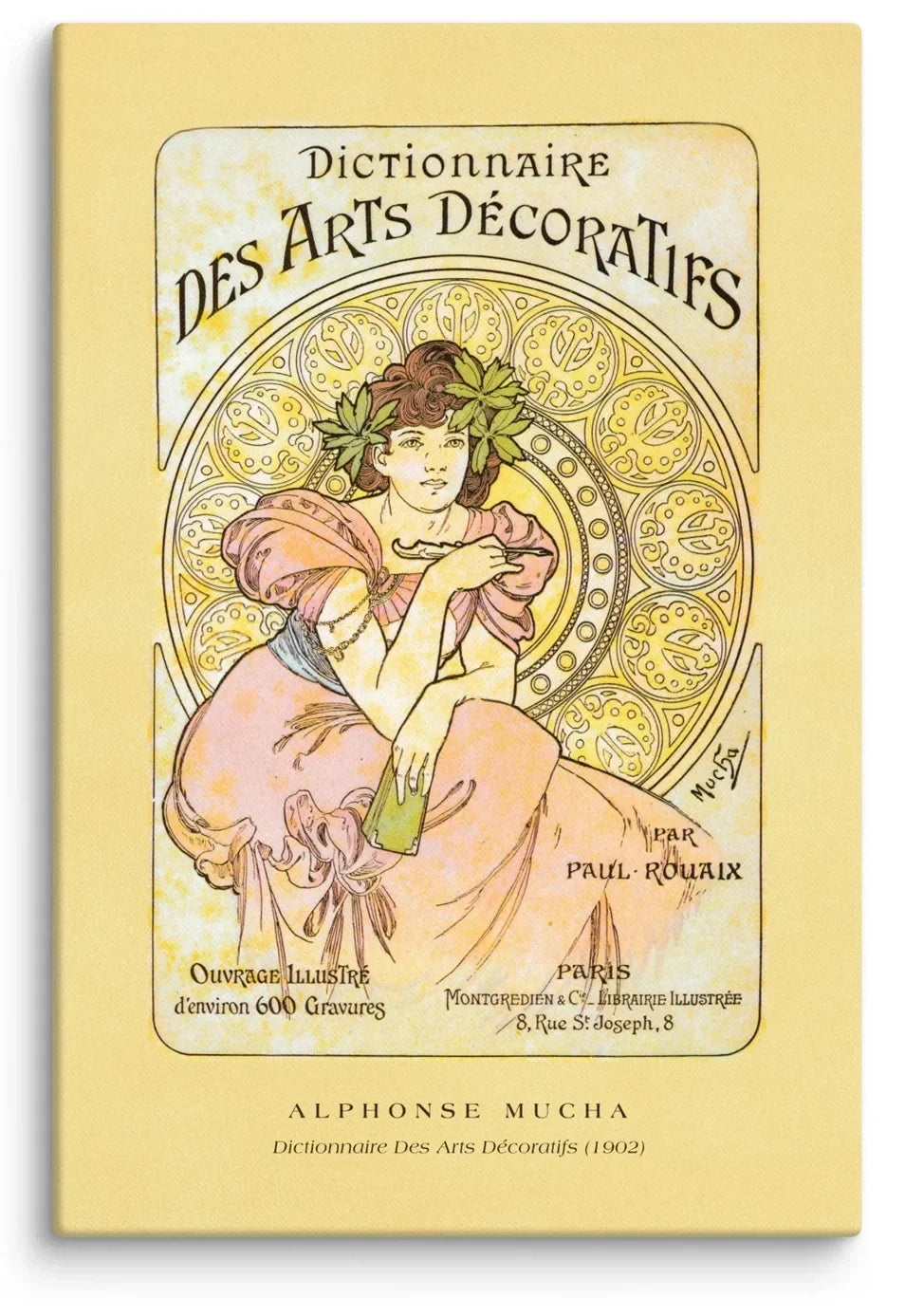 Alphonse Mucha Dictionnaire des Arts Décoratifs 1902 Canvas Print featuring an elegant seated woman in blush pink with decorative French typography and Art Nouveau ornamental medallion