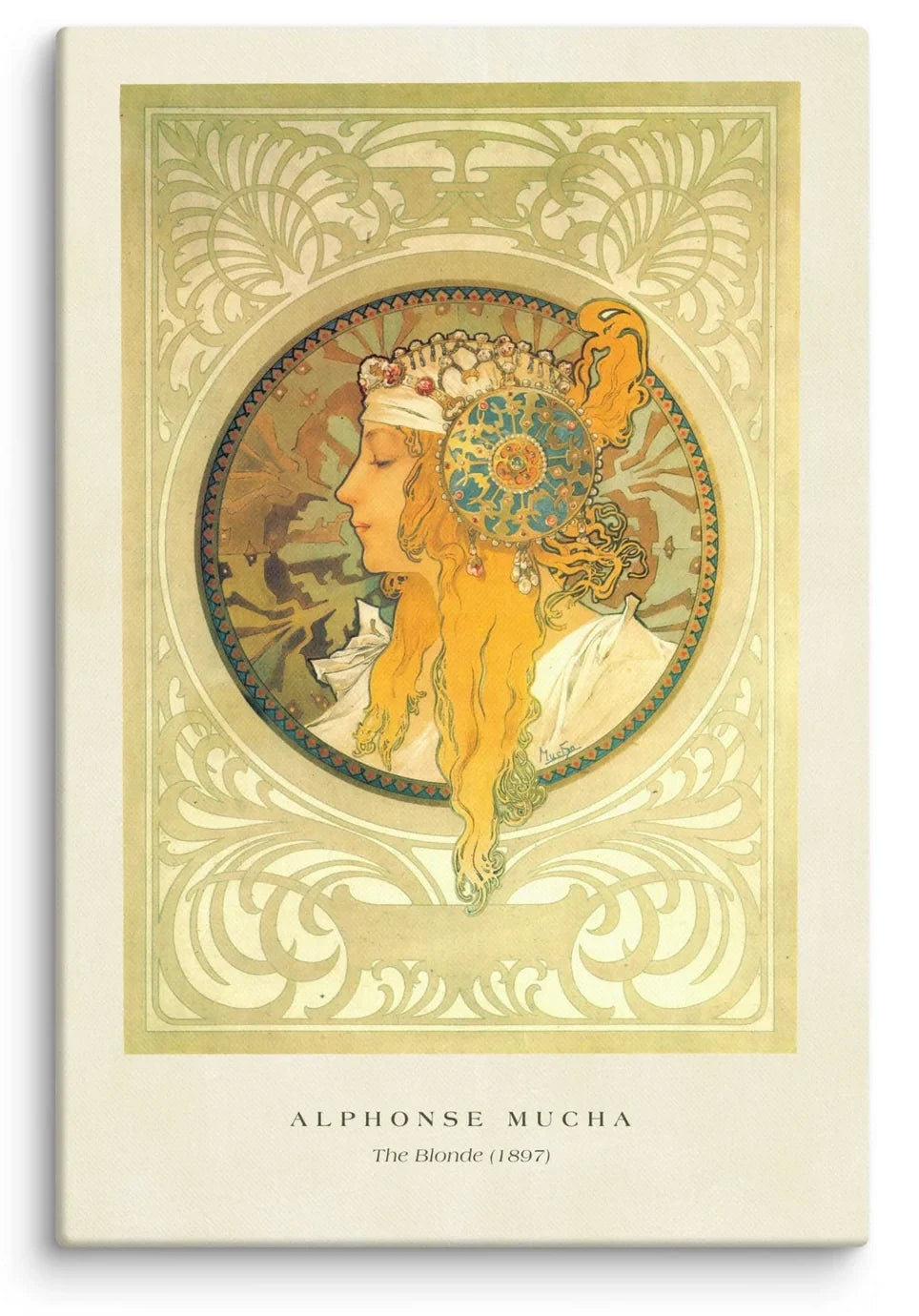 Alphonse Mucha The Blonde 1897 Canvas Print featuring a graceful woman in profile with cascading golden hair and an elaborate jeweled headdress in an ornate Art Nouveau medallion