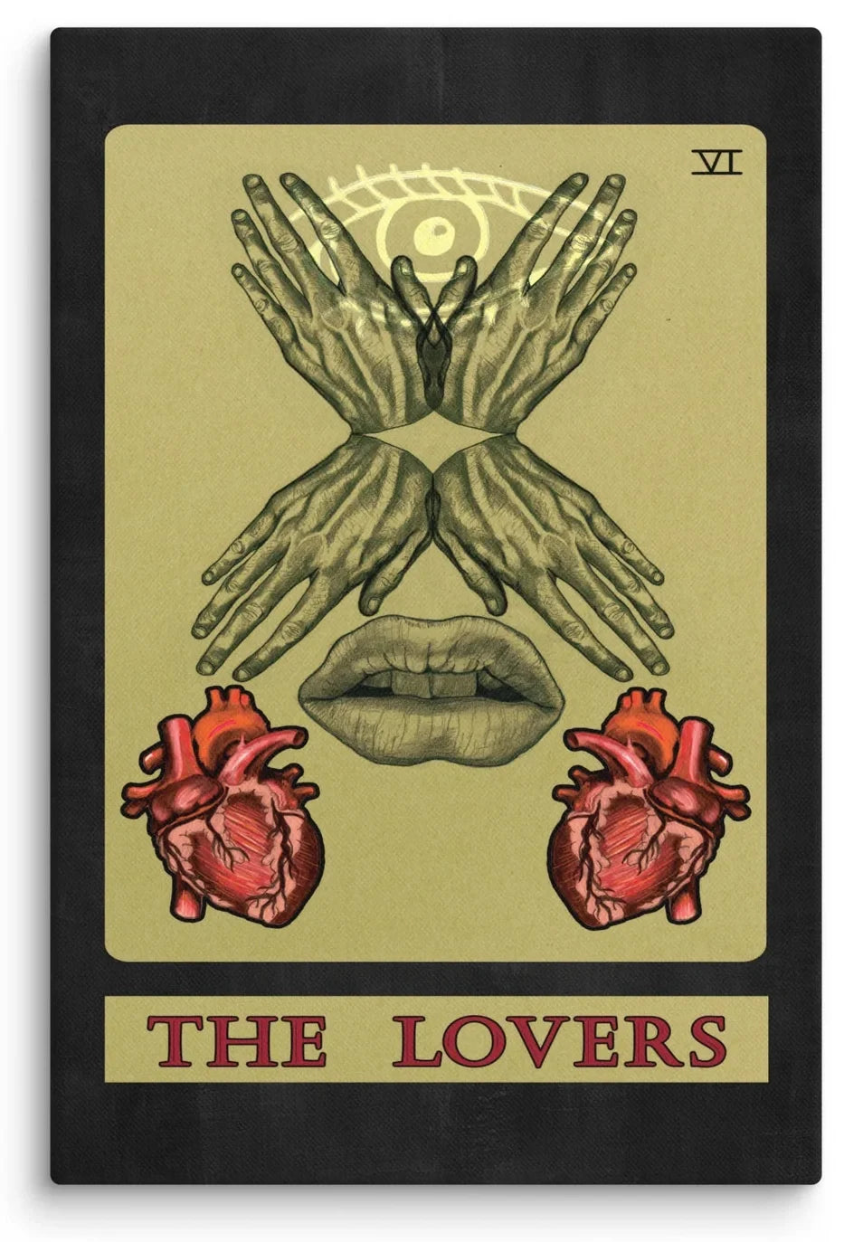 The Lovers Tarot Canvas Print featuring surrealist anatomical imagery with mirrored hands, an eye, lips, and two vivid red hearts on an aged parchment background