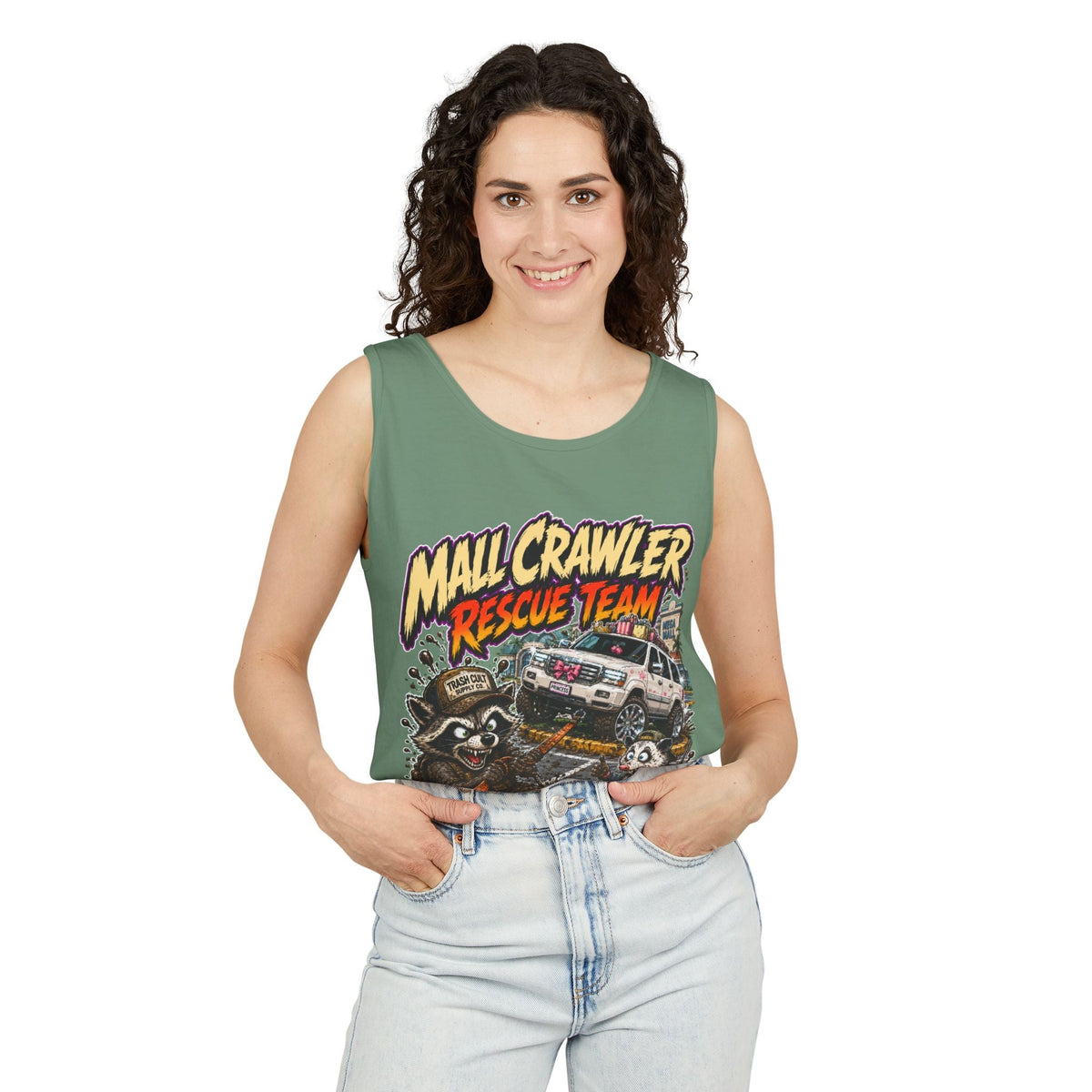 Mall Crawler Rescue Team Tank Top – Funny Raccoon Off-Road Graphic Tank