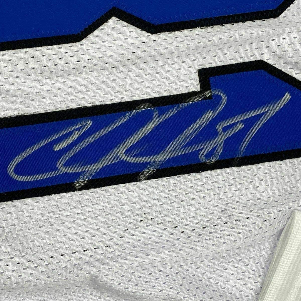 Framed Autographed/Signed Calvin Johnson 35x39 Detroit White Football Jersey JSA COA #2