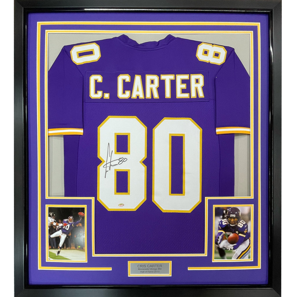 Framed Autographed/Signed Cris Carter 35x39 Minnesota Purple Football Jersey JSA COA
