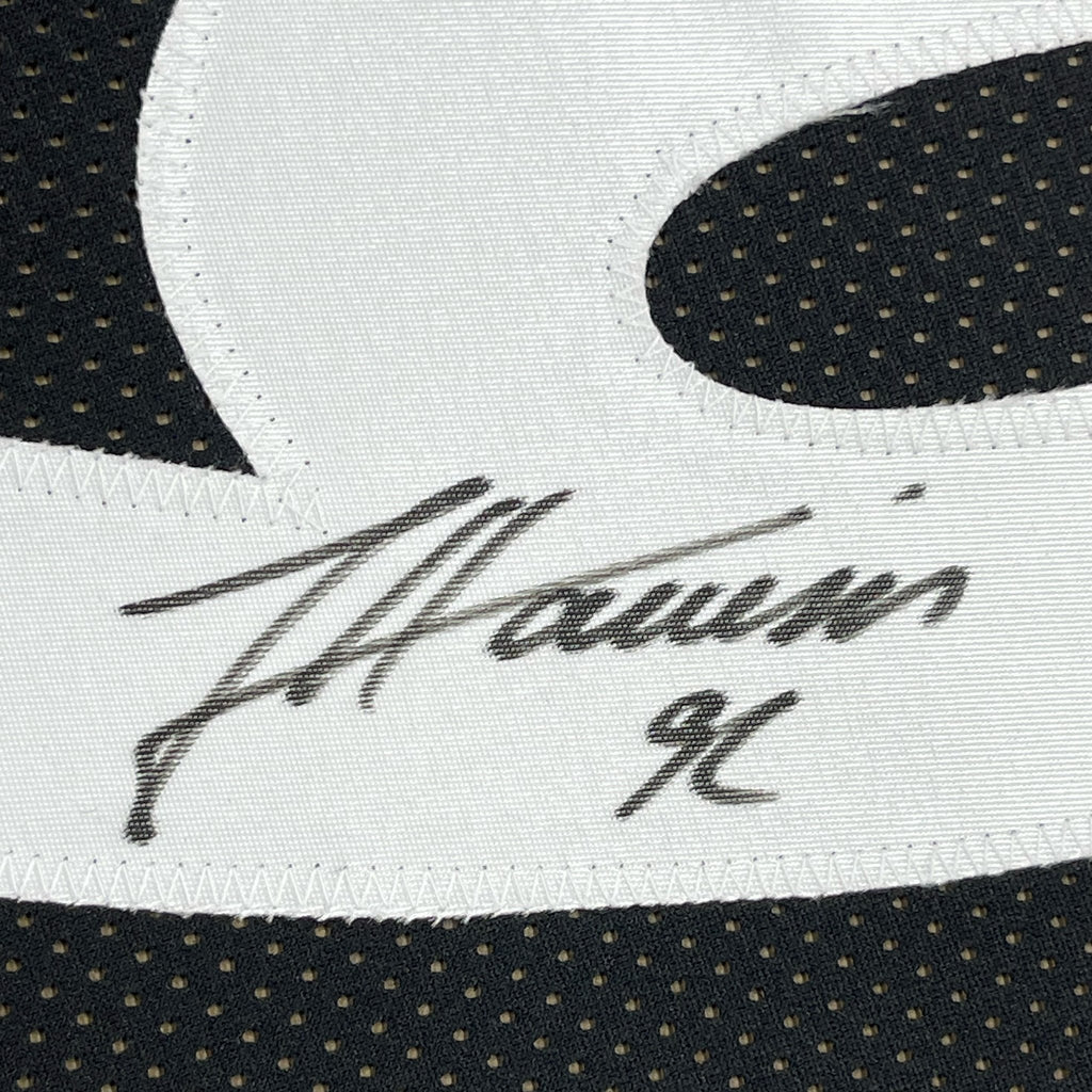 Framed Autographed/Signed James Harrison 35x39 Pittsburgh Black Football Jersey Beckett BAS COA
