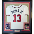 Framed Autographed/Signed Ronald Acuna Jr. 35x39 Atlanta White Baseball Jersey JSA COA