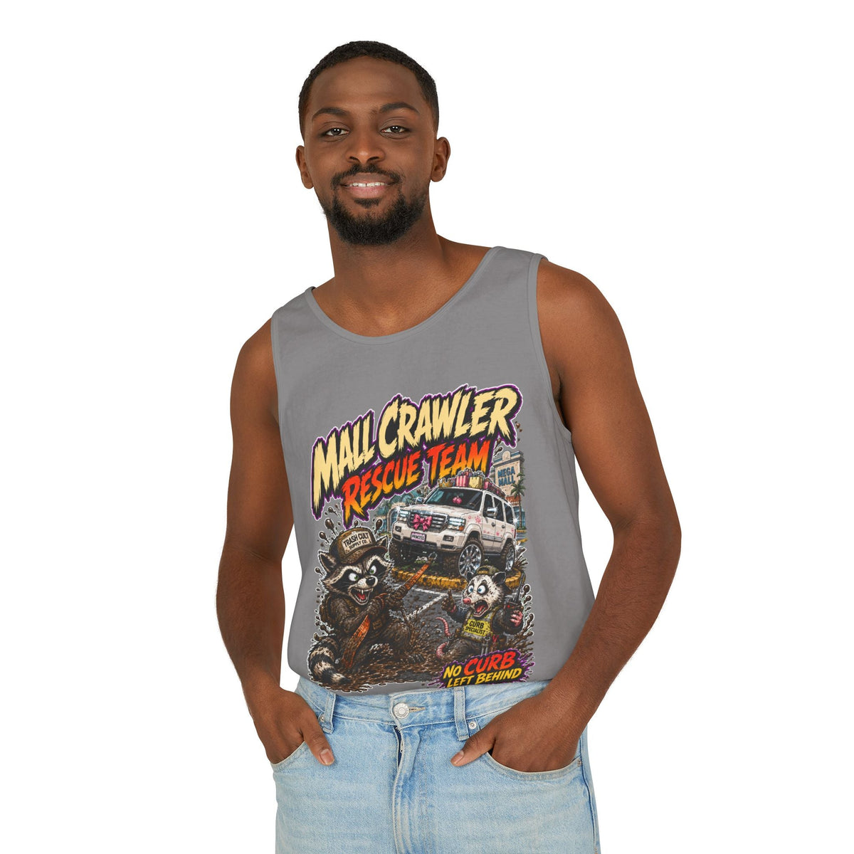 Mall Crawler Rescue Team Tank Top – Funny Raccoon Off-Road Graphic Tank