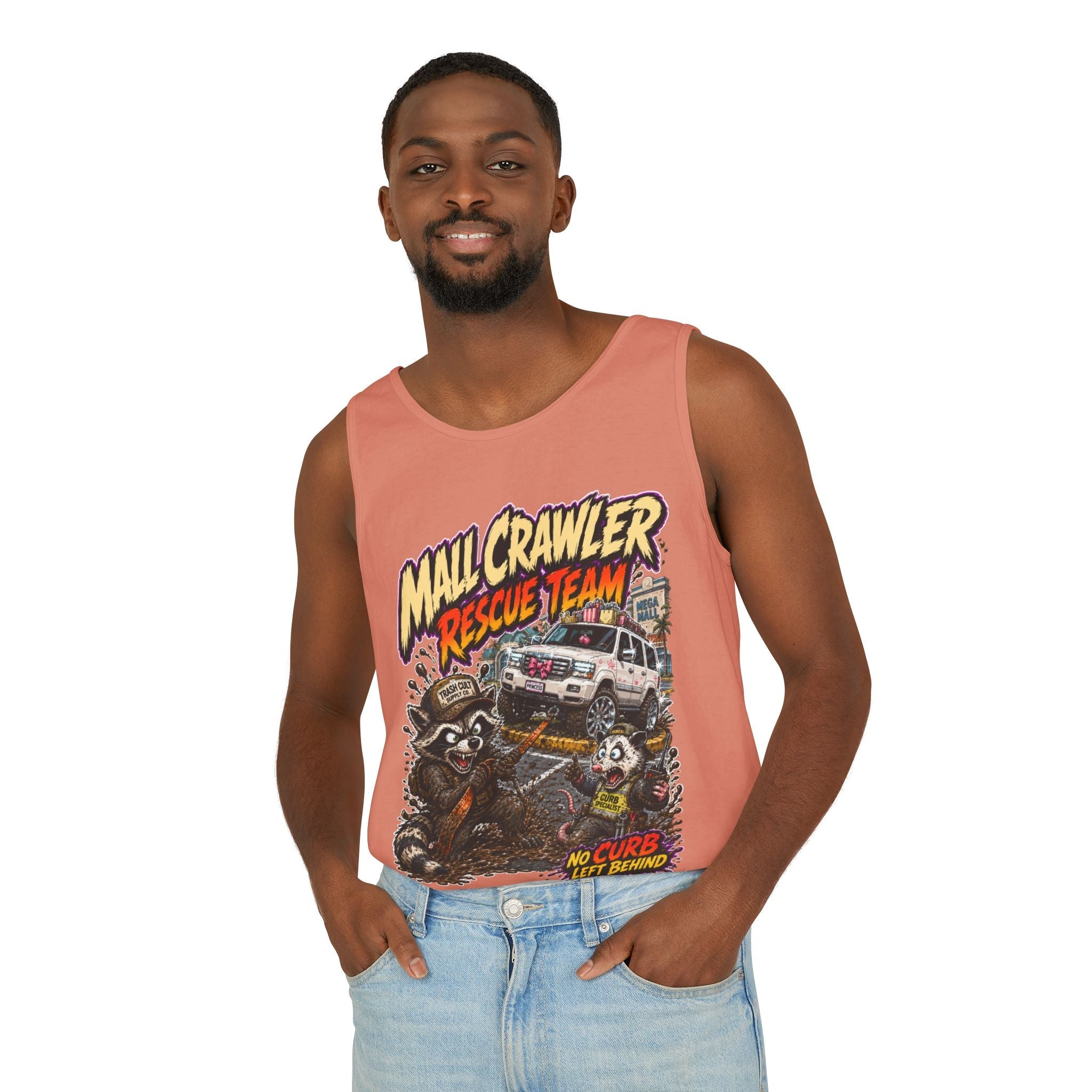 Mall Crawler Rescue Team Tank Top – Funny Raccoon Off-Road Graphic Tank