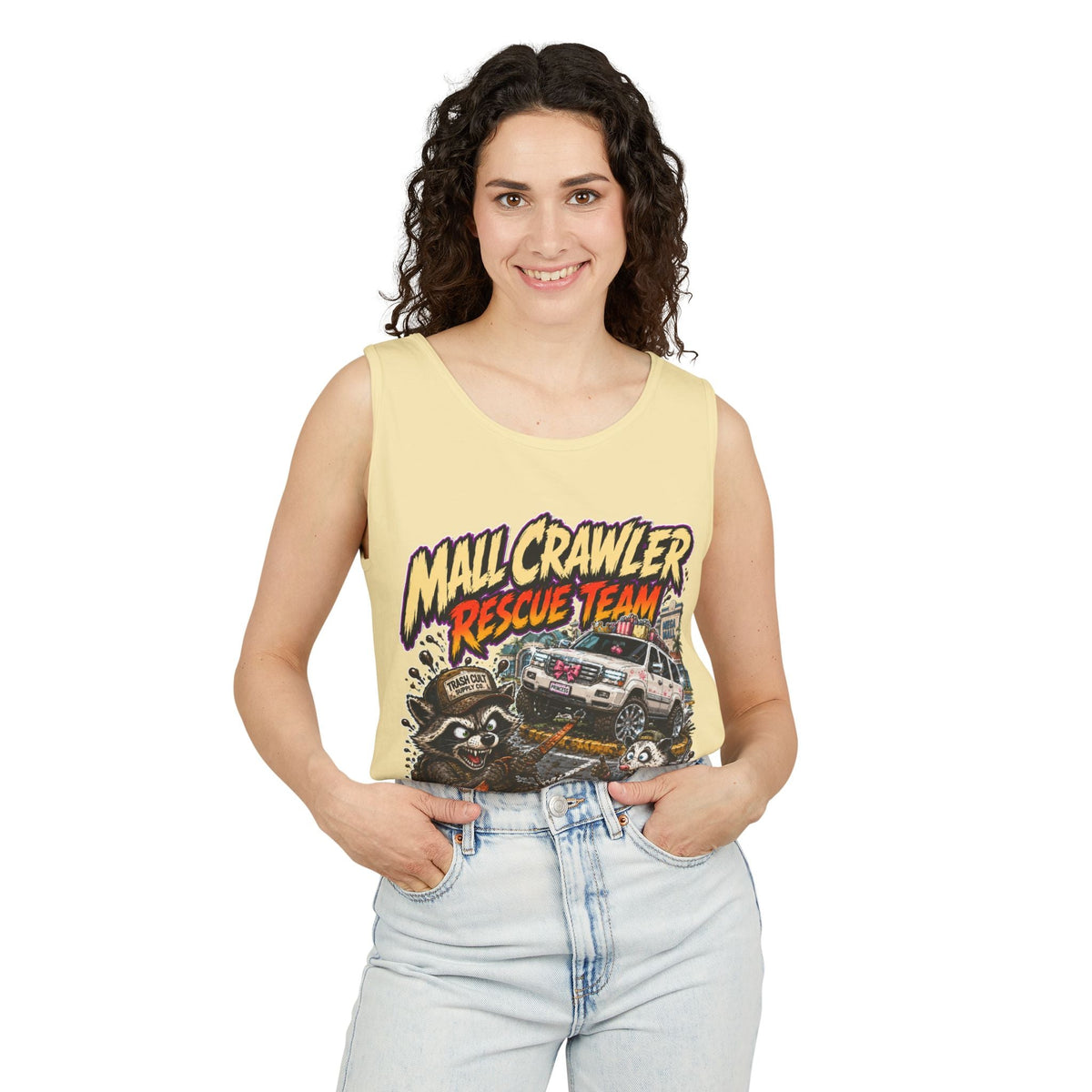 Mall Crawler Rescue Team Tank Top – Funny Raccoon Off-Road Graphic Tank