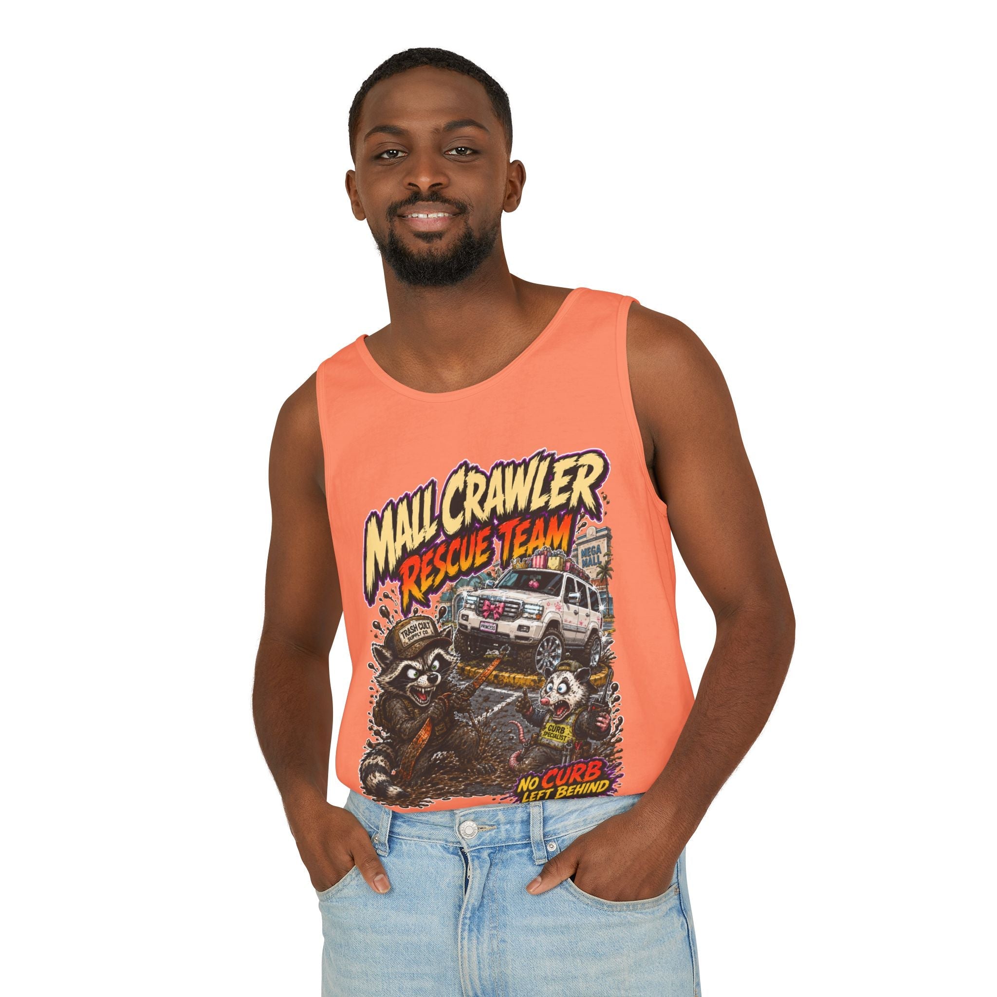 Mall Crawler Rescue Team Tank Top – Funny Raccoon Off-Road Graphic Tank