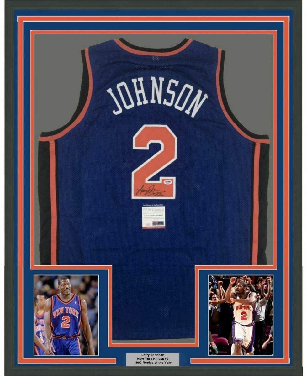 Framed Autographed/Signed Larry Johnson 35x39 New York Blue Basketball Jersey PSA/DNA COA