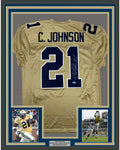 Framed Autographed/Signed Calvin Johnson 35x39 Georgia Tech Gold College Football Jersey Beckett BAS COA
