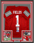 Framed Autographed/Signed Justin Fields 35x39 Ohio State Red College Football Jersey JSA COA