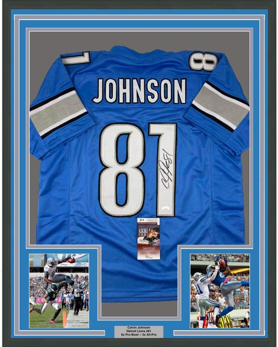 Framed Autographed/Signed Calvin Johnson 35x39 Detroit Blue Football Jersey JSA COA