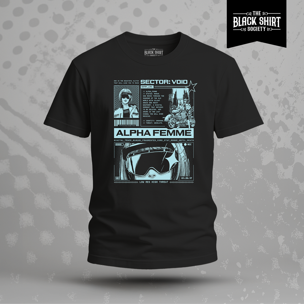 Alpha Femme Cyberpunk Shirt, Sci-Fi Anime Graphic Tee, Techwear Hacker Style Apparel