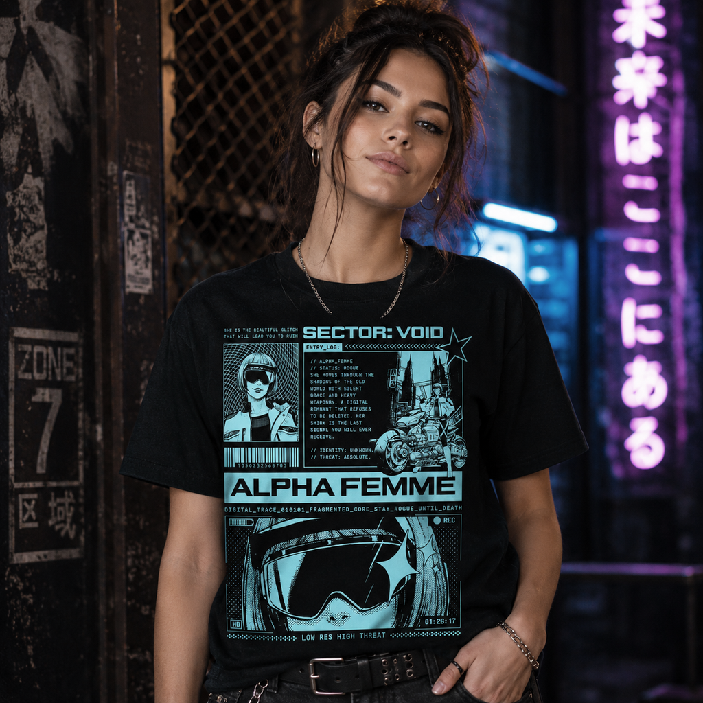 Alpha Femme Cyberpunk Shirt, Sci-Fi Anime Graphic Tee, Techwear Hacker Style Apparel