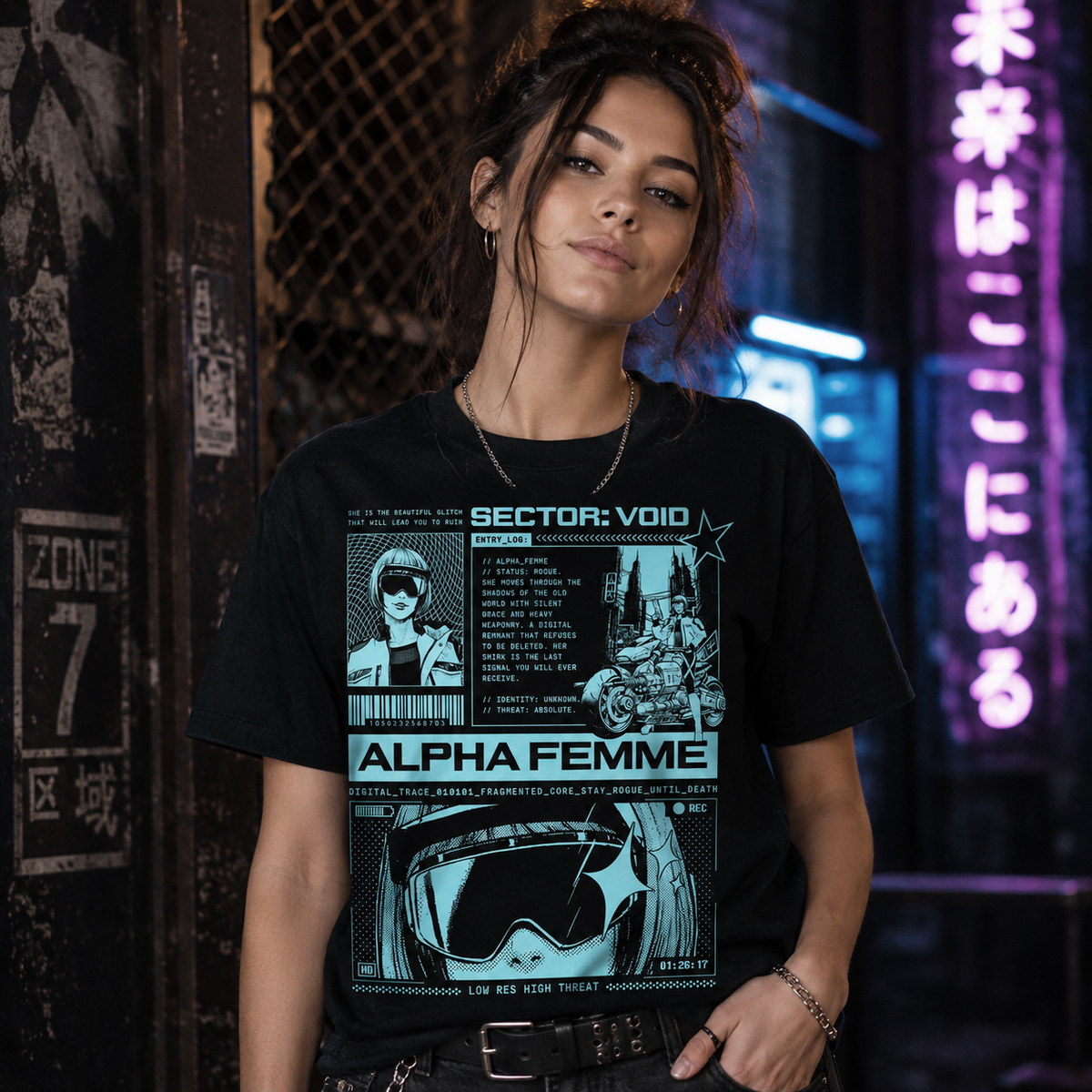 Alpha Femme Cyberpunk Shirt, Sci-Fi Anime Graphic Tee, Techwear Hacker Style Apparel