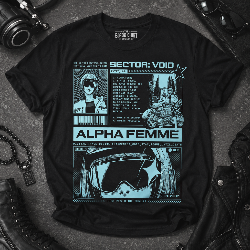 Alpha Femme Cyberpunk Shirt, Sci-Fi Anime Graphic Tee, Techwear Hacker Style Apparel