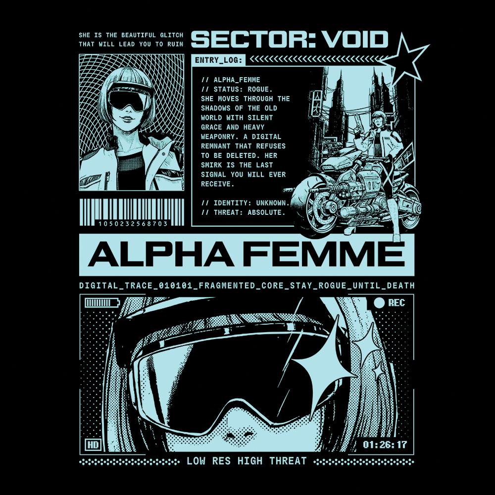 Alpha Femme Cyberpunk Shirt, Sci-Fi Anime Graphic Tee, Techwear Hacker Style Apparel