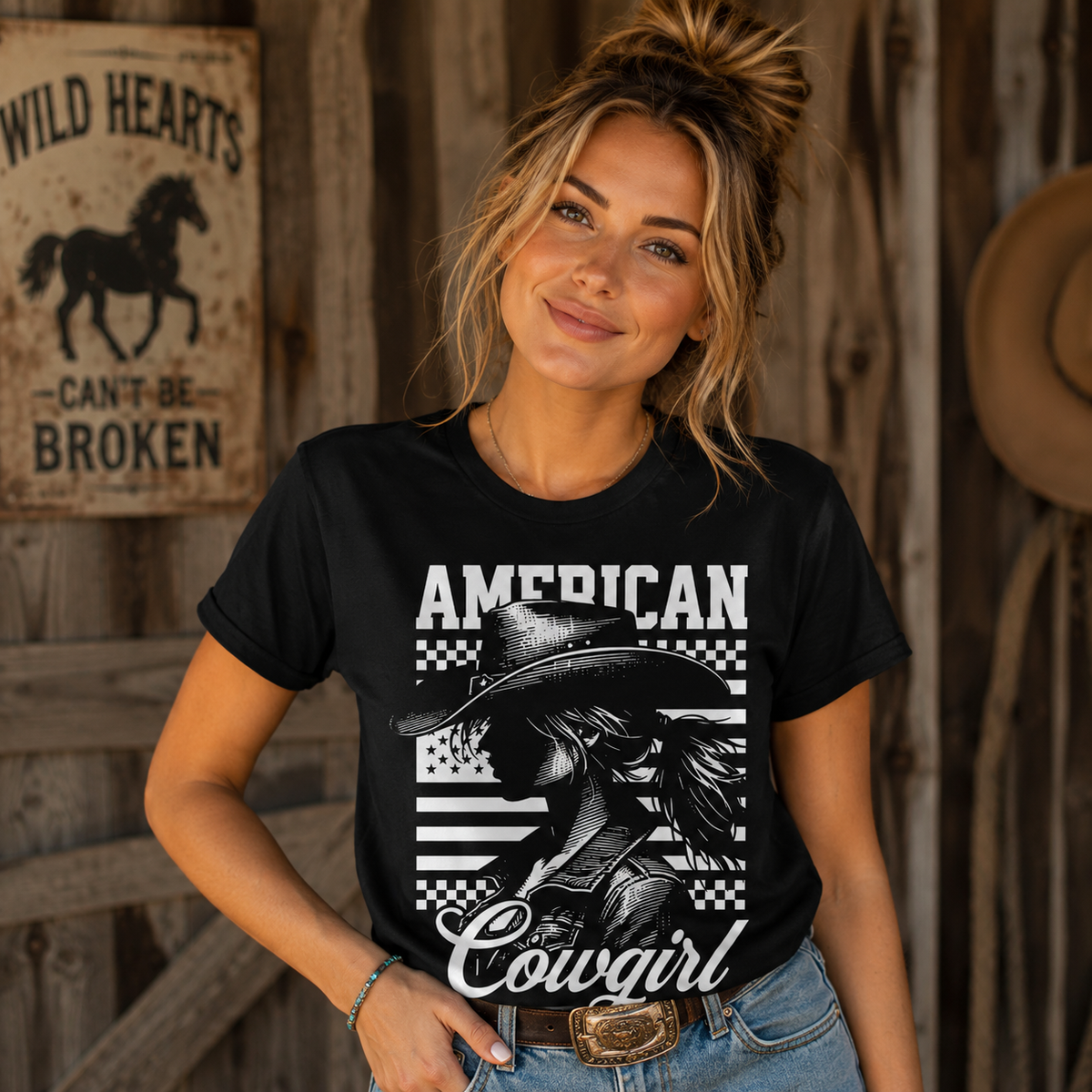 American Cowgirl T-Shirt, Distressed Flag Western Graphic Tee