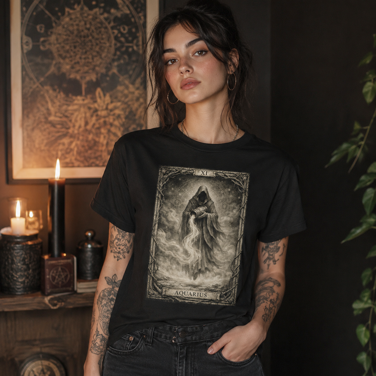 Aquarius Tarot Card T-Shirt, Gothic Zodiac Astrology Apparel