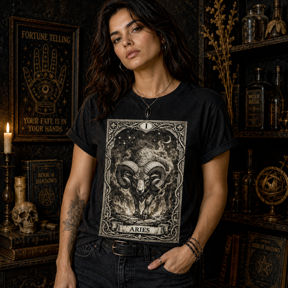 Aries Tarot Card T-Shirt, Vintage Ram Zodiac Astrology Tee, Gothic Horoscope Apparel