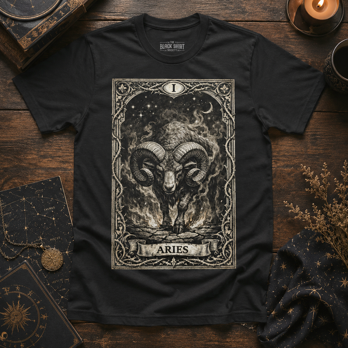 Aries Tarot Card T-Shirt, Vintage Ram Zodiac Astrology Tee, Gothic Horoscope Apparel