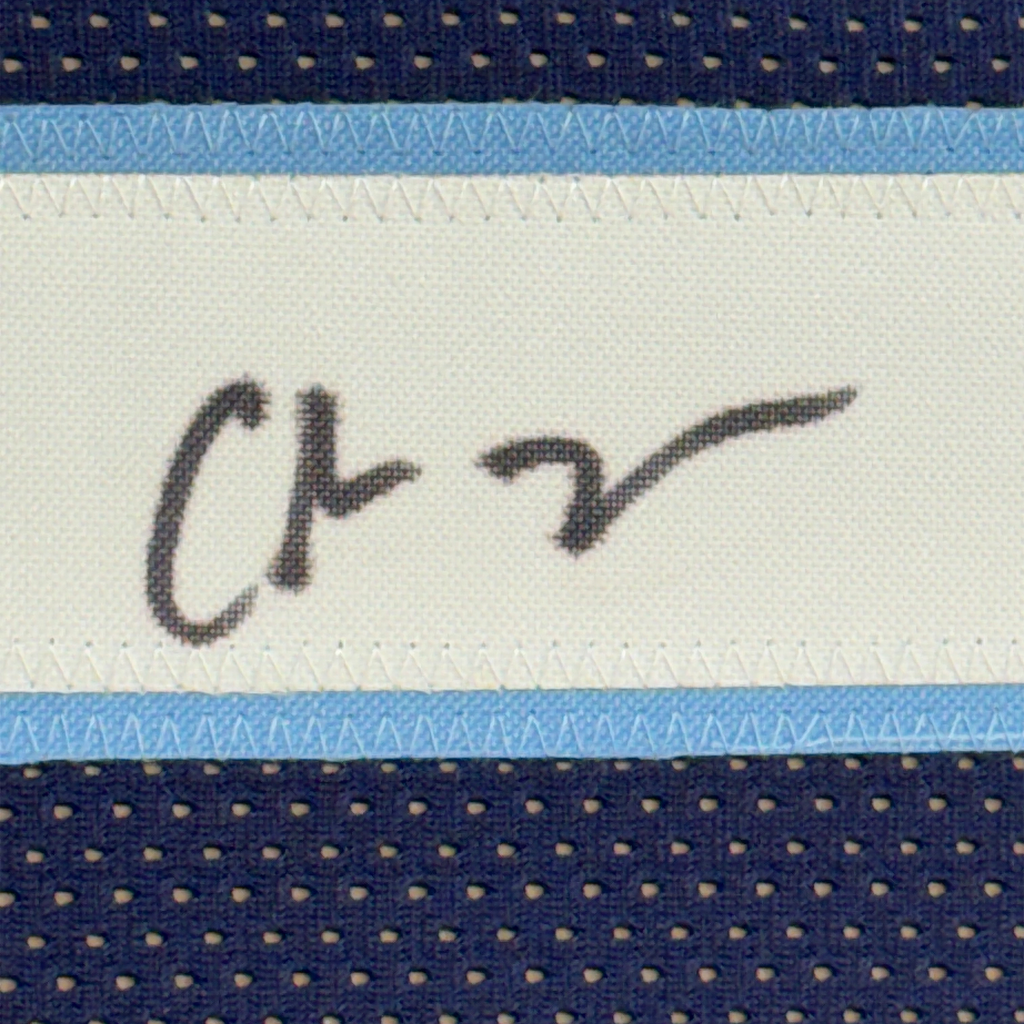 Framed Autographed/Signed Chris Johnson 35x39 Tennessee Dark Blue Football Jersey JSA COA