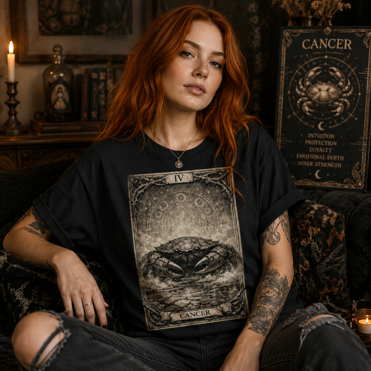 Cancer Tarot Card T-Shirt, Zodiac Crab Graphic Tee, Gothic Astrology Shirt