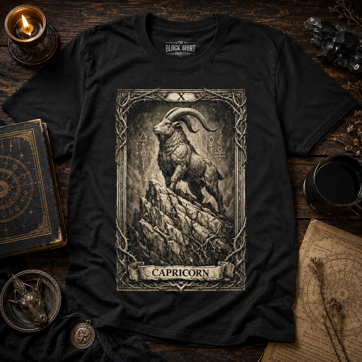 Capricorn Tarot Card T-Shirt, Zodiac Goat Graphic Tee, Gothic Astrology Apparel