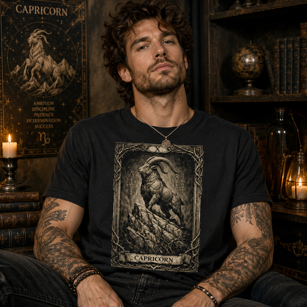 Capricorn Tarot Card T-Shirt, Zodiac Goat Graphic Tee, Gothic Astrology Apparel