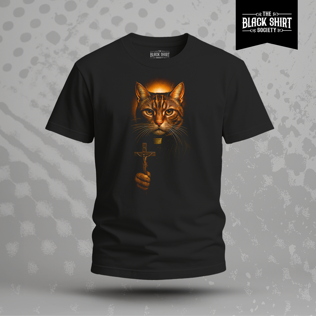 Cat Priest T-Shirt, Gothic Feline Artwork, Vintage Humor Tee