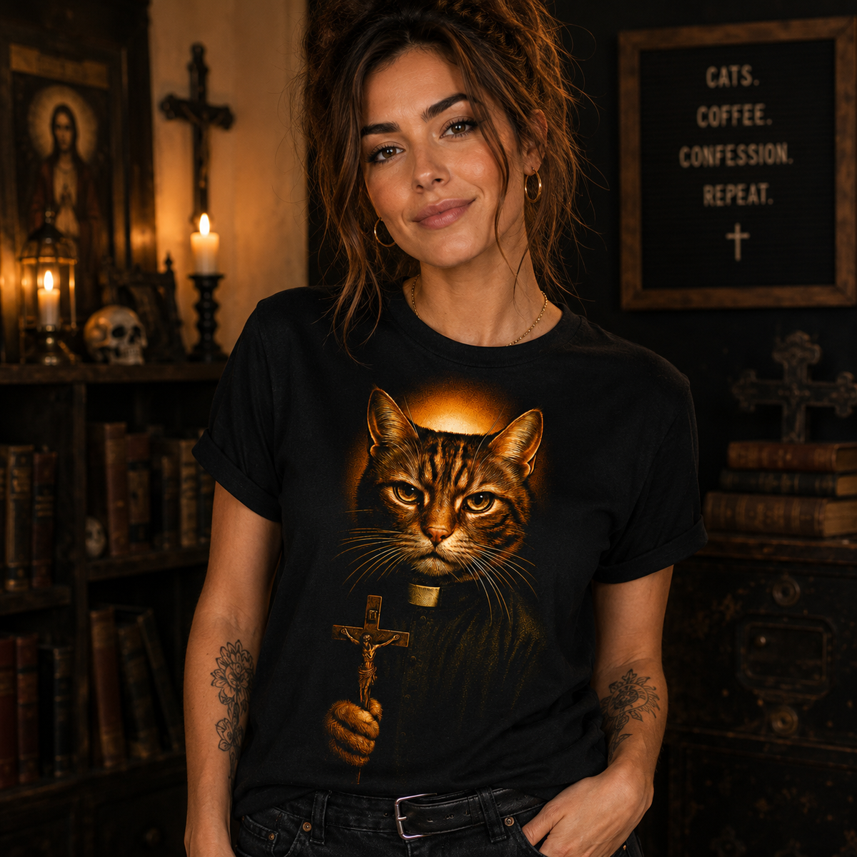 Cat Priest T-Shirt, Gothic Feline Artwork, Vintage Humor Tee