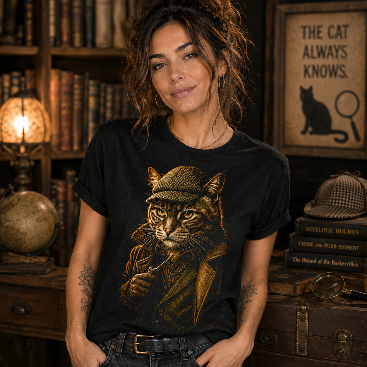Detective Cat T-Shirt, Vintage Sherlock Cat Art, Mystery Lover Gift