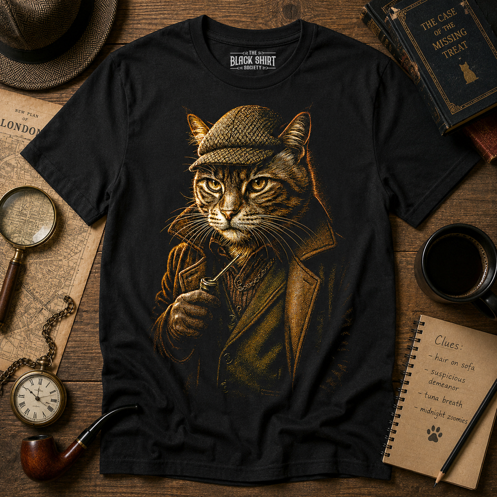 Detective Cat T-Shirt, Vintage Sherlock Cat Art, Mystery Lover Gift