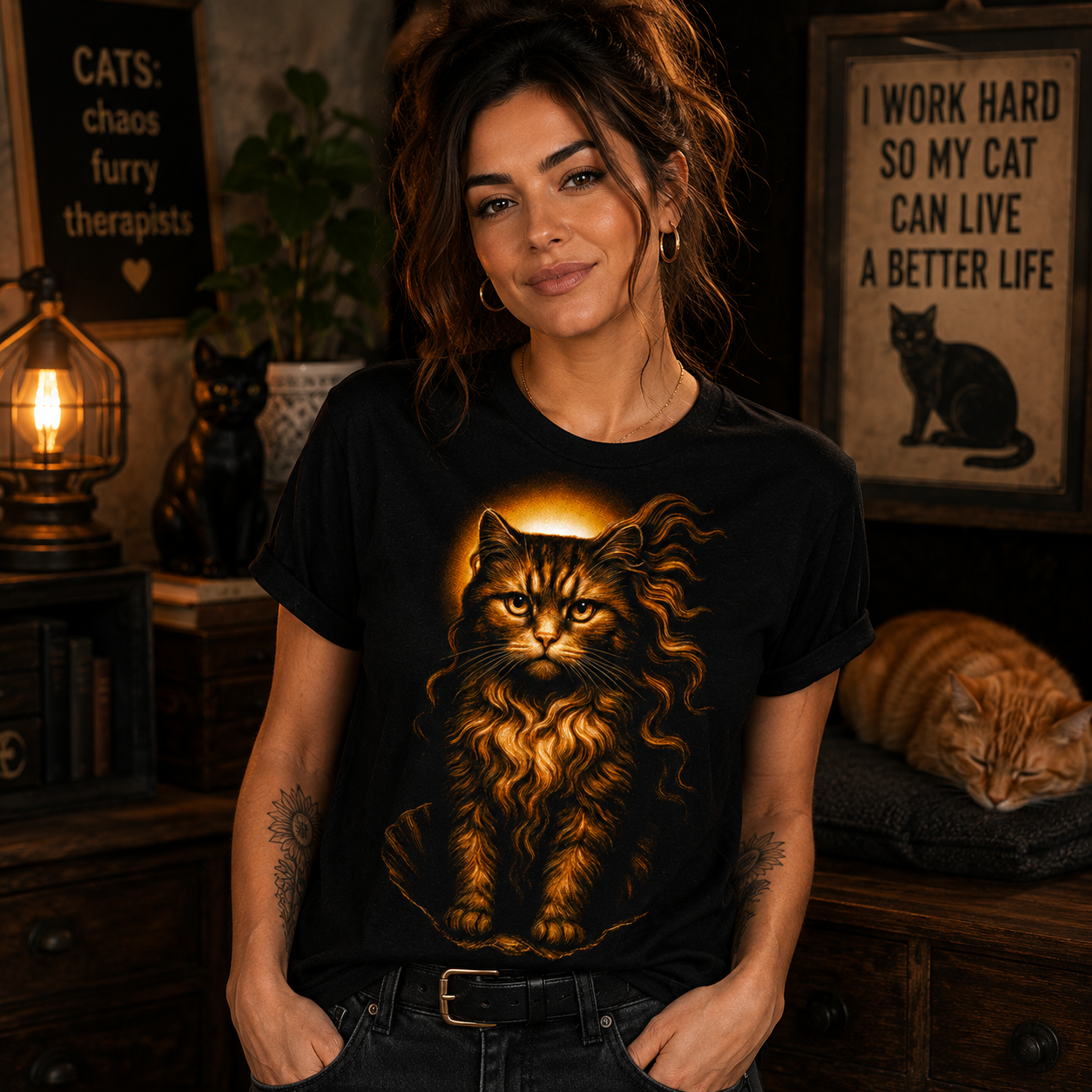 Regal Longhair Cat T-Shirt, Majestic Vintage Feline Art Tee