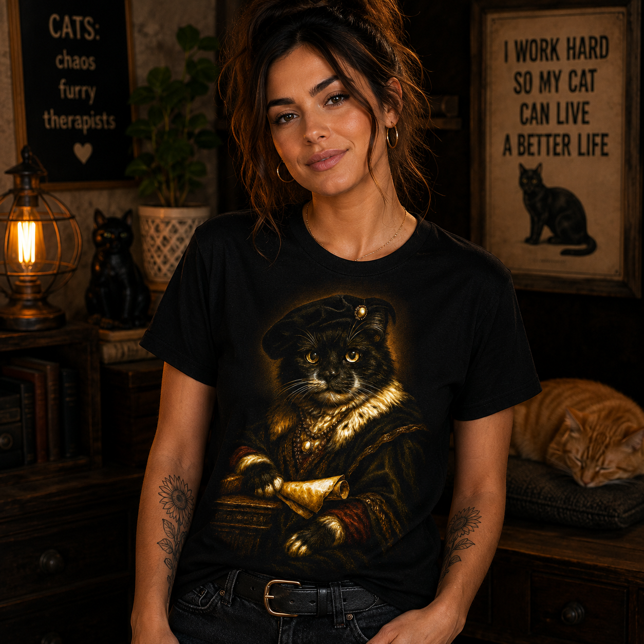 Renaissance Cat Portrait T-Shirt, Noble Feline Aristocrat Tee, Vintage Art Lover Shirt