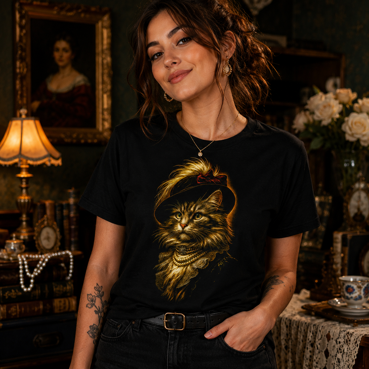 Victorian Lady Cat Portrait T-Shirt, Elegant Aristocat Tee, Vintage Cat Art Shirt