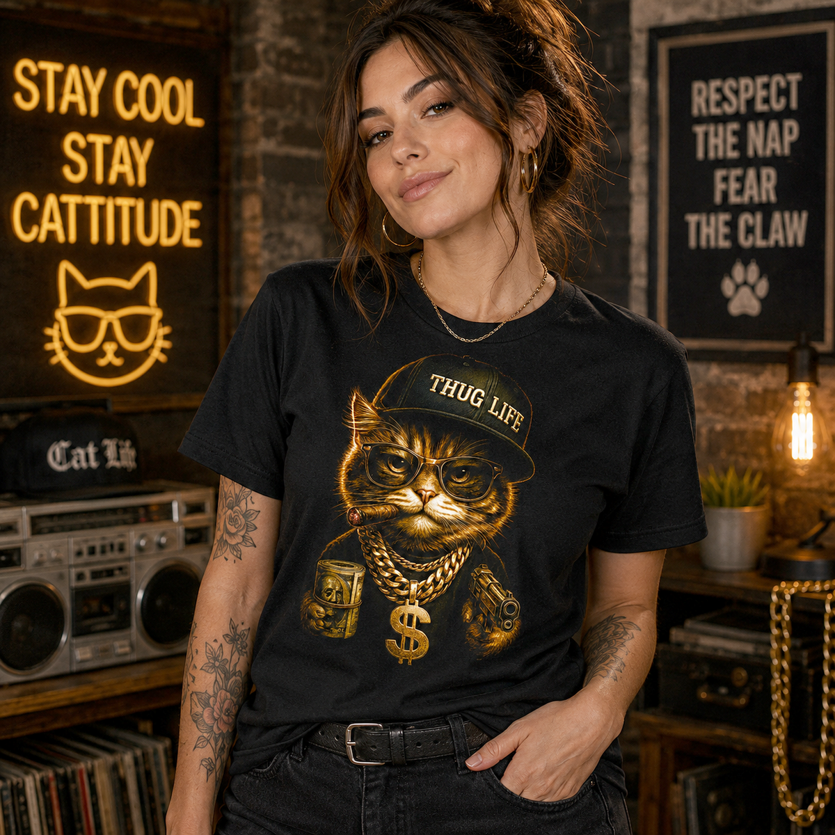 Funny Gangster Cat T-Shirt, Thug Life Cat Shirt, Badass Cat Lover Gift, Funny Cat Tee, Hip Hop Cat Shirt, Cat Mom Gift, Sarcastic Cat Tee