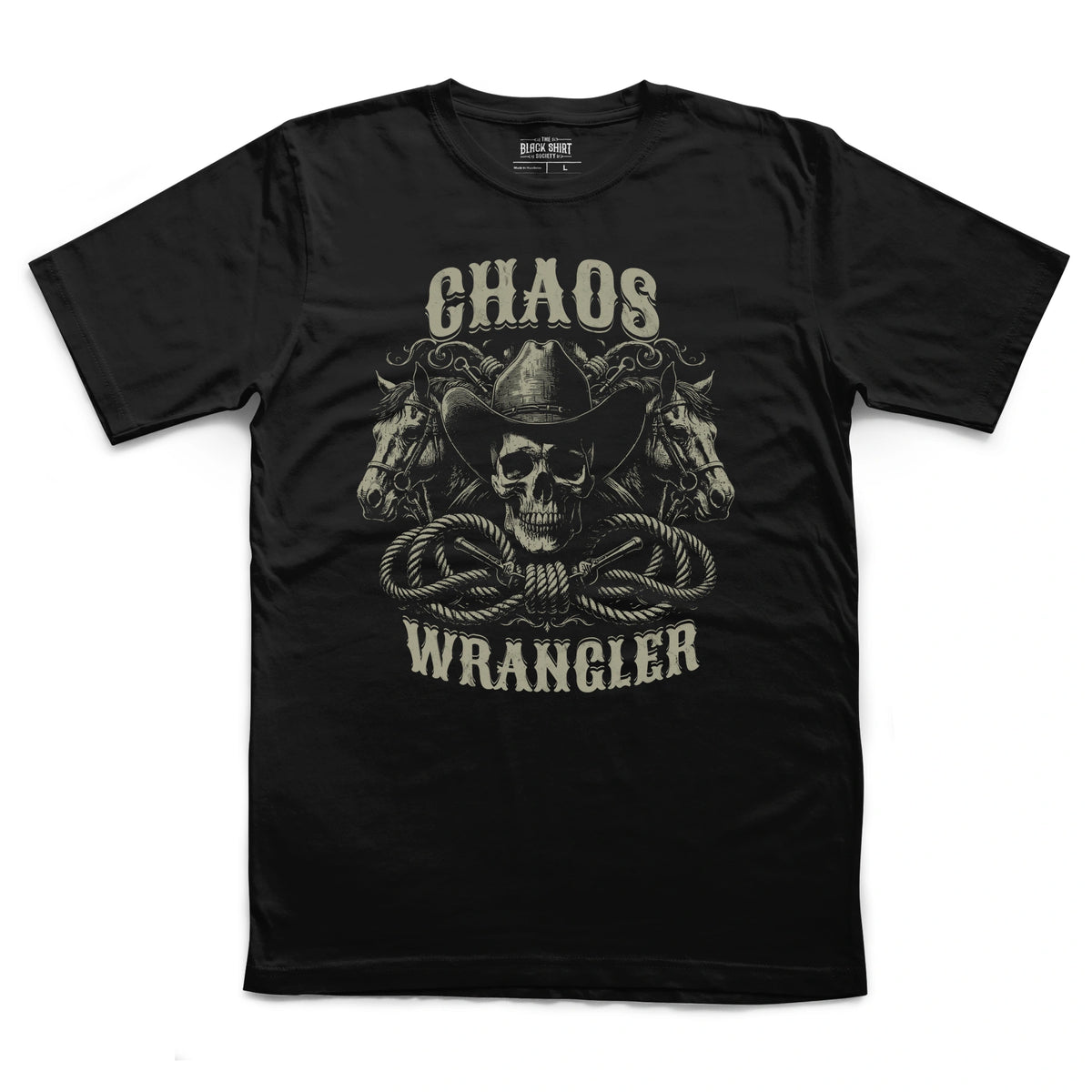 Chaos Wrangler Shirt, Cowboy Skull Western Graphic Tee, Rodeo Ranch Life Apparel
